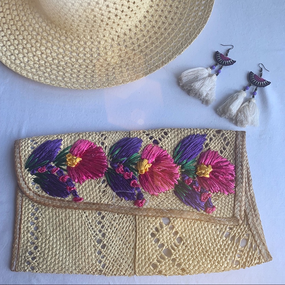 Island Vibes Embroidered Straw Clutch and Hat